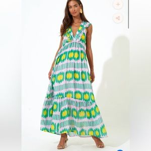 NWT Oliphant Ruffle V Neck Maxi Sz XS Lilac Ikat Retail $330